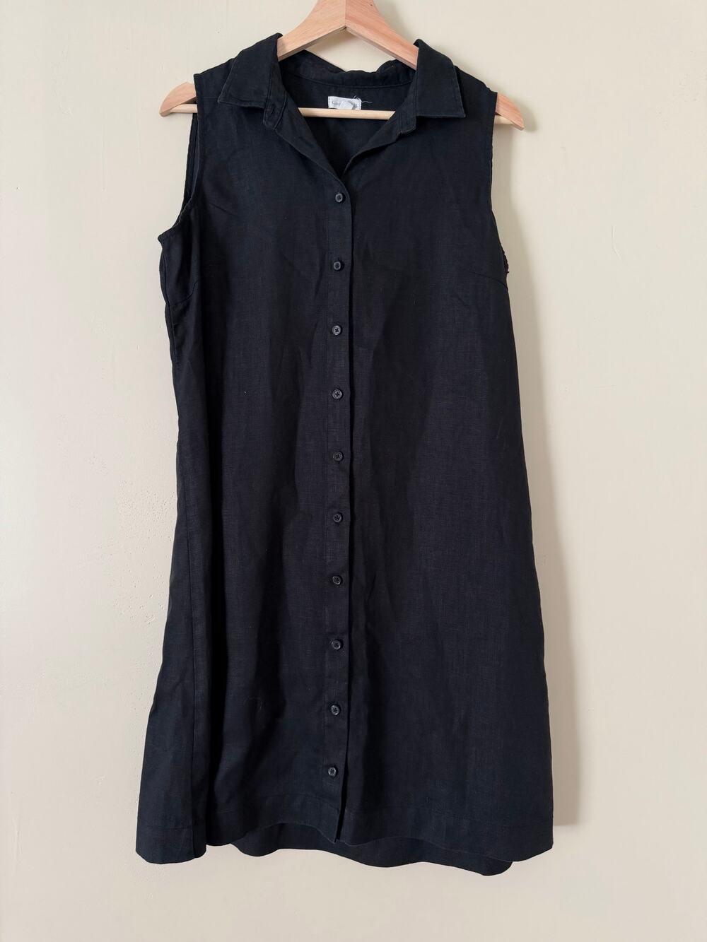 Garnet Hill Black 100% Linen Sleeveless Collared Shirtdress NWOT 10 Natural Midi